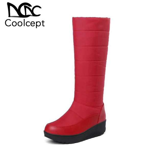 

coolcept knee high down boots women plus size 35-44 keep warm plush fur winter cotton shoes women wedges platform snow boots, Black
