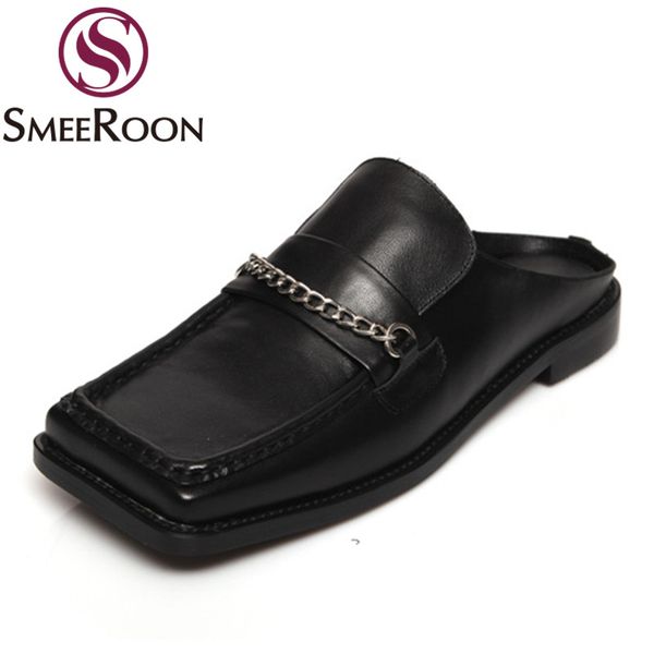 

smeeroon 2020 new arrival fashion women slippers genuine leather comfortable casual shoes flat heel square toe women flats, Black
