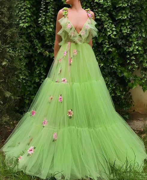 

light green prom dresses v-neck flowers straps tulle party maxys long prom party gown evening dresses robe de soiree, Black;red