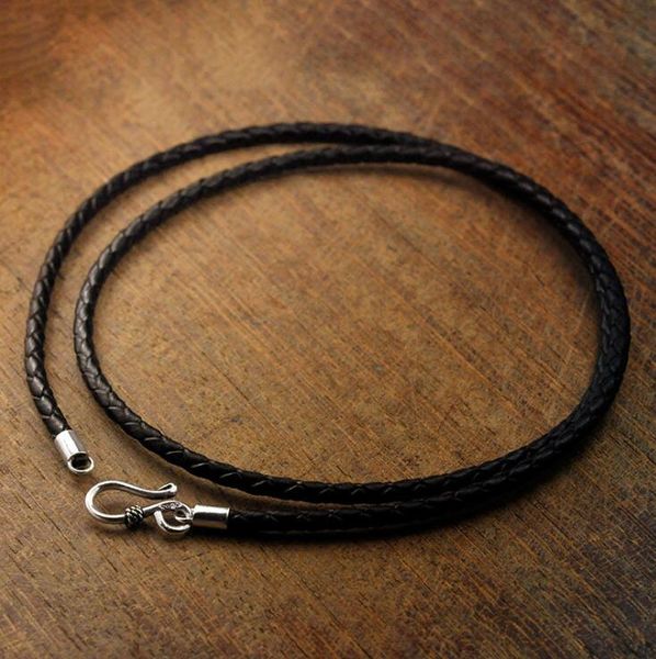 

pure silver 925 sterling silver clasp leather long necklace with hook for men male women 50cm 60cm jewelry accessory(hy