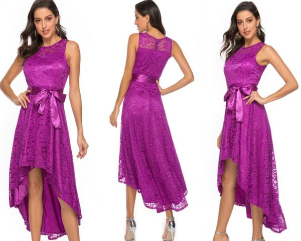 

women plus size vintage sleeveless high low hem belted lace party dress high waist solid dress s-5xl ladies irregular vestidos, Black;gray