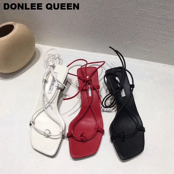 

fashion square toe sandals women low heel lace up sandal back strap cross-tied summer shoes women gladiator sandal big size35-41 y200620, Black