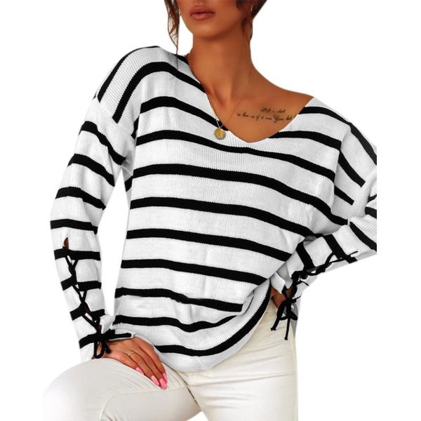

women sweawters v neck long sleeve split knit pullovers black and white stripe print soft casual clothes fall 2020, White;black
