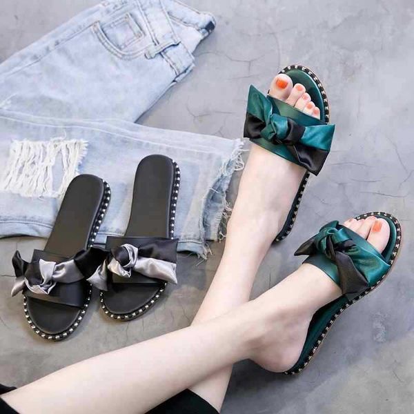 

2020 new women's slippers fashion bow women's sandals flat beach shoes, Black