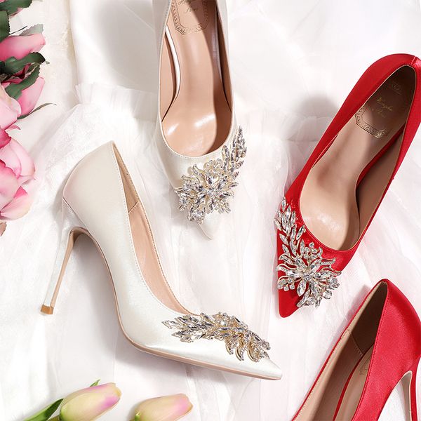 

wed2020 bridesmaid red bride for women decent rhinestone high-heeled shoes thin heel satin white wedding dress, Black