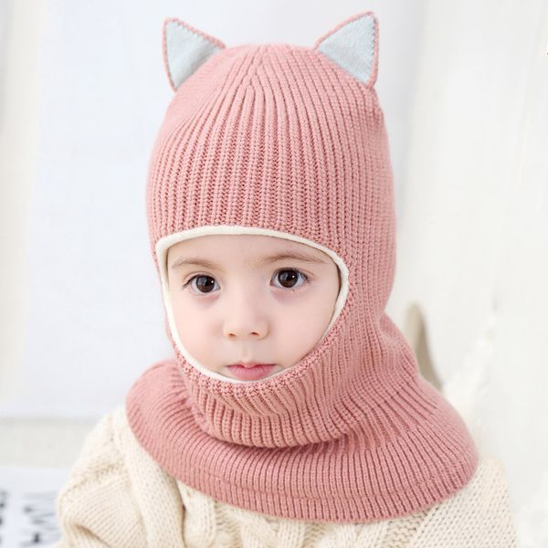

winter children hats knitted baby girls and boys hat with warm fleece lining cute cat ears hats for kids, Yellow