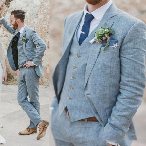 Bonito Light Blue Beach Noivo Suits Casamento Smoking Smoking Mens Fit 3 Parte Melhor Homem Formal Vestuário Terno Masculino Personalizado (Casaco + Calças + Colete)