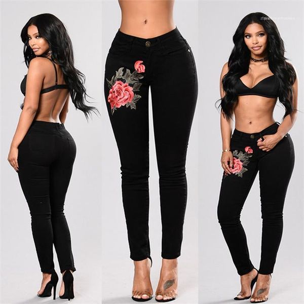 

pants famale designer pants women floral embroidery elastic jeans high waist slim fit solid casual pencil, Blue