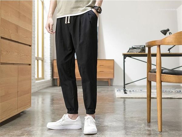 

pocket causal pure color capris pants male regular harem pants men drawstring trousers fashion mid waist, Black