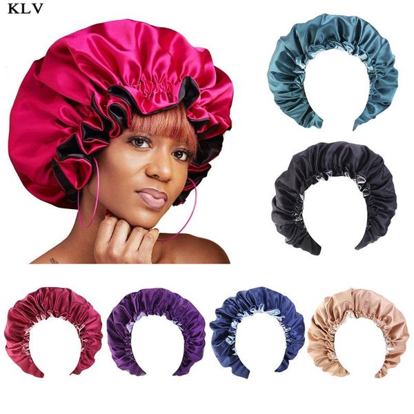 

womens satin sleep bonnet cap extra large double layer reversible contrast color adjustable hair loss chemo turban hat, Blue;gray