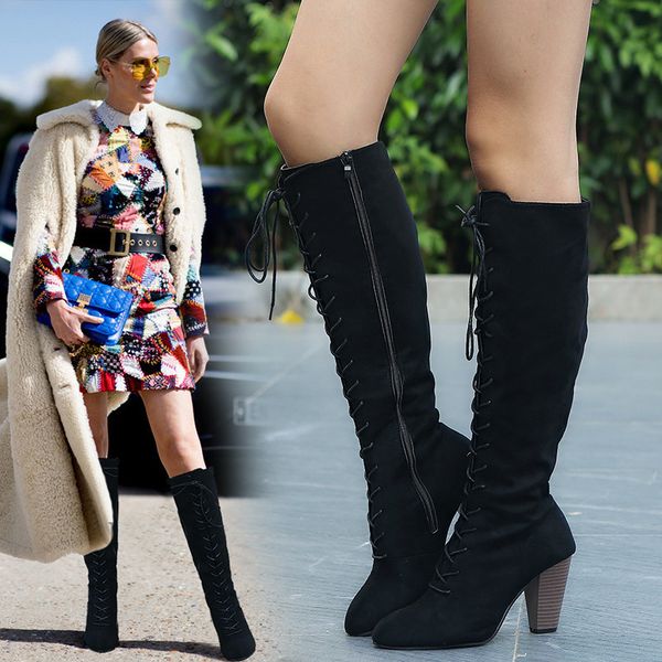 

boots pointed toe mixed colors lace-up long for women over-the-knee casual platform autumn winter high square heel shoes, Black