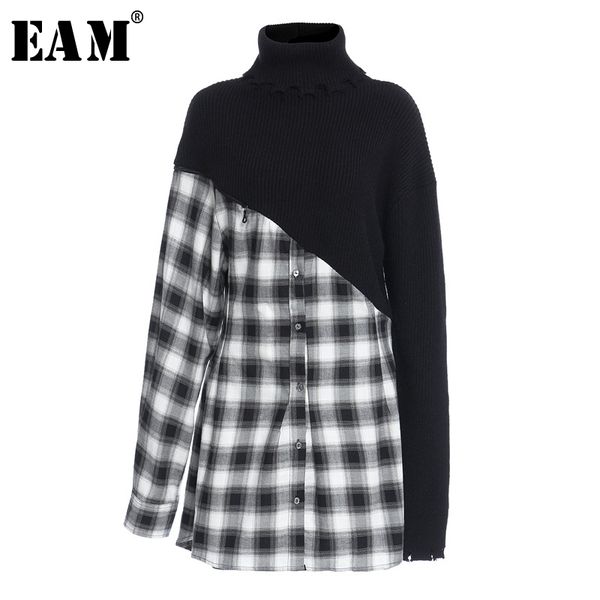 

eam] women black plaid irregular knitting dress new turtleneck long sleeve loose fit fashion tide spring autumn 2020 1z175, Black;gray