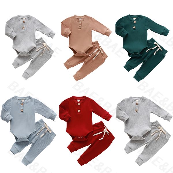 

2pcs autumn newborn baby boys girls long sleeve o-neck romper pants leggings toddler infant ribbed knitted outfits clothes sets, White