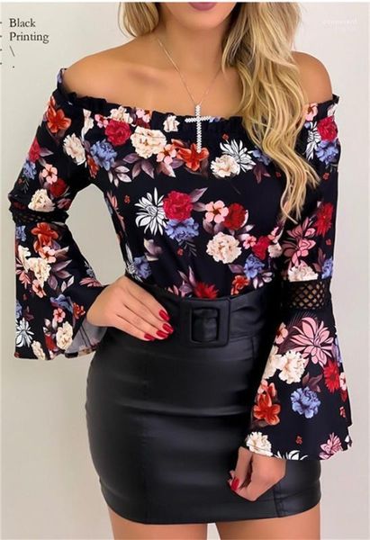 

tees fashion bell sleeve slim apparel female floral print clothing women chiffon slash neck, White