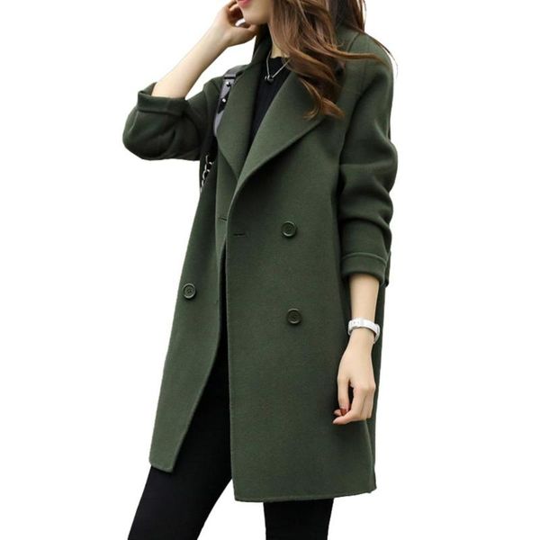 

fashion women autumn winter solid color lapel double-breasted midi coat woolen outwear, Tan;black