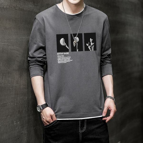 

men's long-sleeved t-shirt cotton pullover men's printed t-shirt autumn trendy new shirt base shirt, Black;white