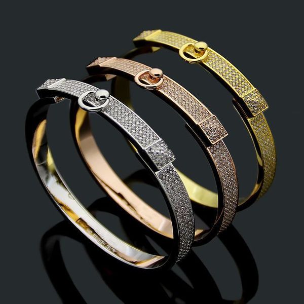 

fashion lady titanium steel full diamond double rivets h letter 18k gold plated bracelet bangle 3 color, Black