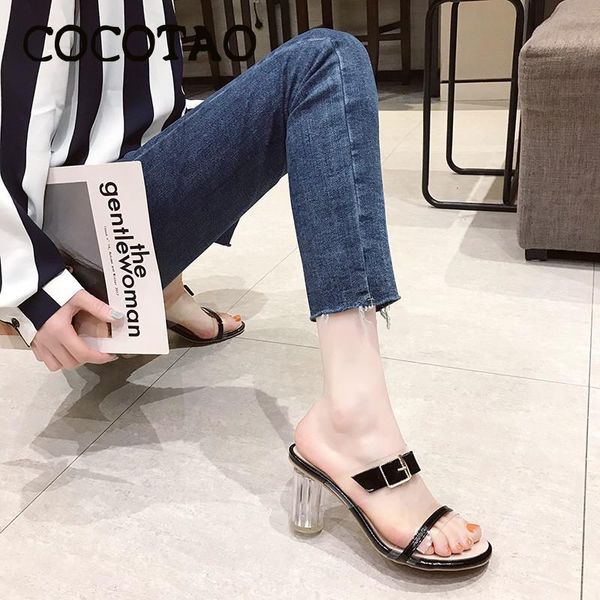 

transparent high-heeled sandals and slippers women in the summer of 2020 wearing fairy style with skirt thick heels, Black