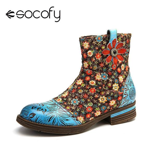 

boots socofy women flowers splicing genuine leather comfortable ankle ladies shoes elegant botines mujer 2021, Black
