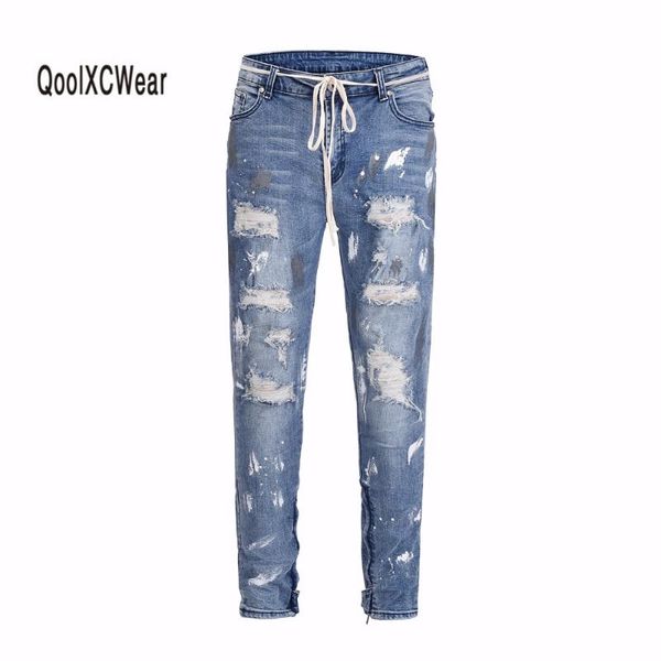 

qoolxcwear men hip hop denim jeans pants rock splash-ink stretch distressed ripped skinny jeans damage wash old hole mens, Blue