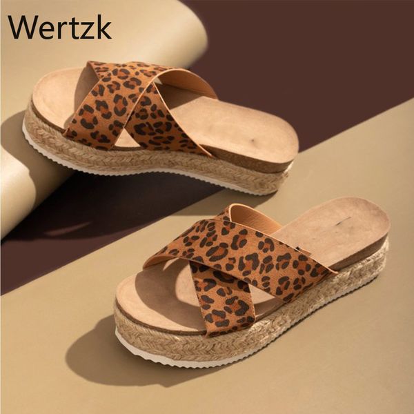 

wertzk slippers women pu flats platform ladies cross leopard female shoes summer plus size comfort casual home beach woman, Black