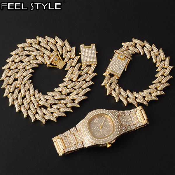 

hip hop 19mm 3pcs kit watch+necklace+bracelet bling + iced out alloy rhinestones thorns cuban link chains for men jewelry, Silver
