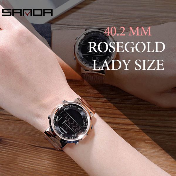 

women sports watch men waterproof milan mesh steel digital wristwatch luxury rose gold electronic clock female relogio feiminio, Slivery;brown