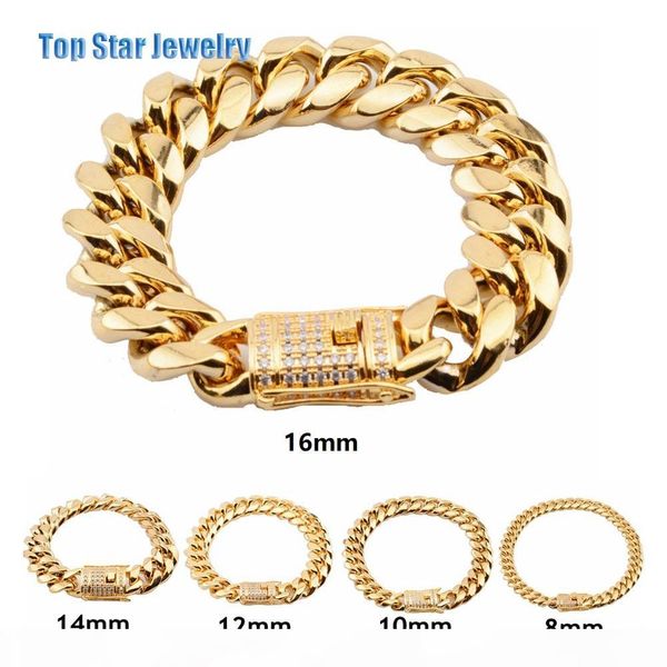 

8mm 10mm 12mm 14mm 16mm 18mm stainless steel bracelets 18k gold plated high polished miami cuban link men punk chain cubic zirconia clasp, Black