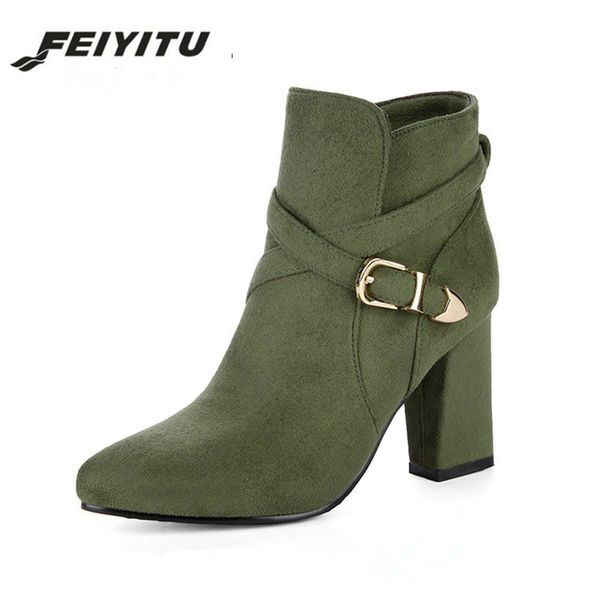 

feiyitu faux suede thick high heel slip on ankle boots fashion buckle women winter shoes black green wine red plus size 34-43