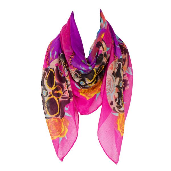 

2020 new fashion women square amazing design with skull flowers printing polyester warm sunscreen winter 110*110cm, Blue;gray