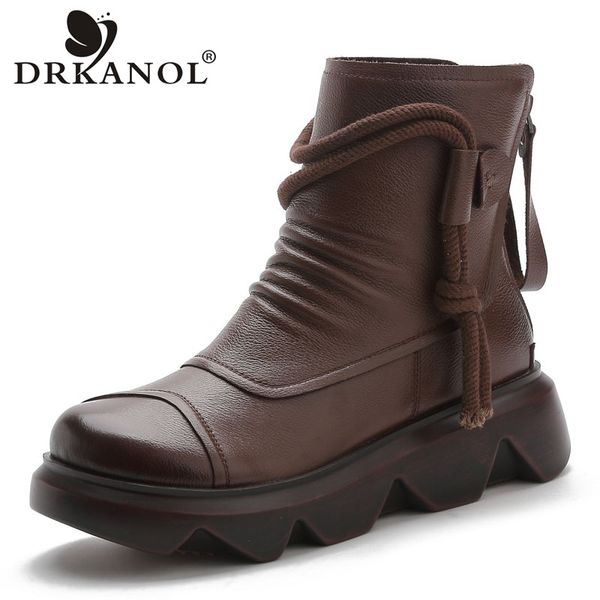 

drkanol handmade ankle boots women platform boots autumn winter warm back zipper vintage genuine leather wedges heel femme, Black