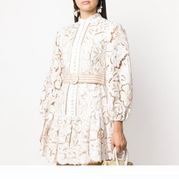 

long sleeve belt ruffle lace patch runway zimm european vintage elegant vintage hollow out dress women vestidos, Black;gray