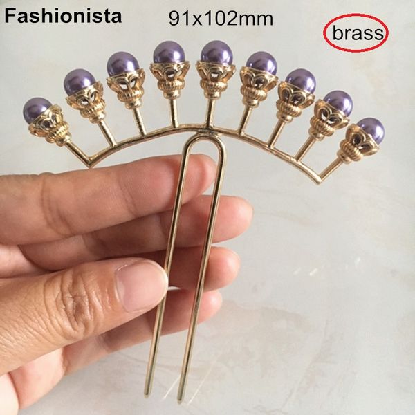 

chinese ethnic ancient hairpin headwear metal brass hairpin with purple beads,91x102mm, Golden;silver