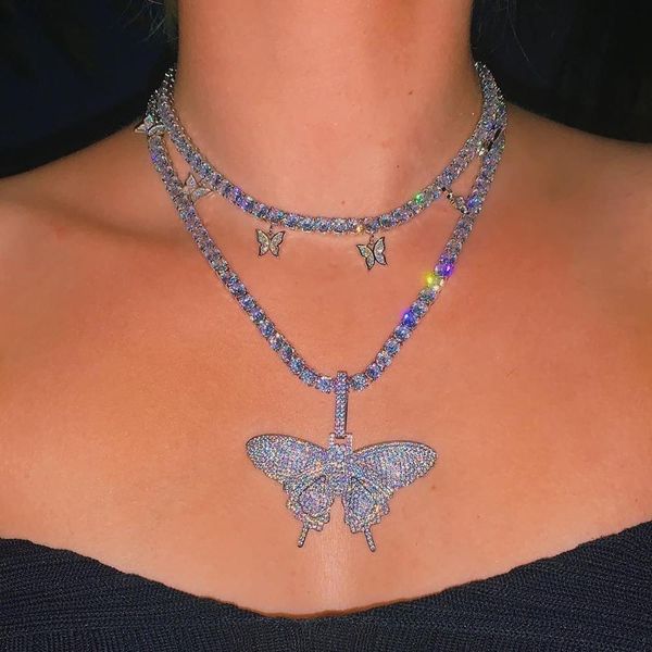 

новый роскошный розовый мизинец ясный cz теннис цепь падение бабочки очарование колье ожерелье женщин девушки дамы моды рок хип-хоп ювелирны, Silver