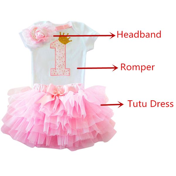 

3pcs letter print rompers+tutu dress+headband birthday outfits 1 2 year old baby girl dress newborn girls christening clothing, White