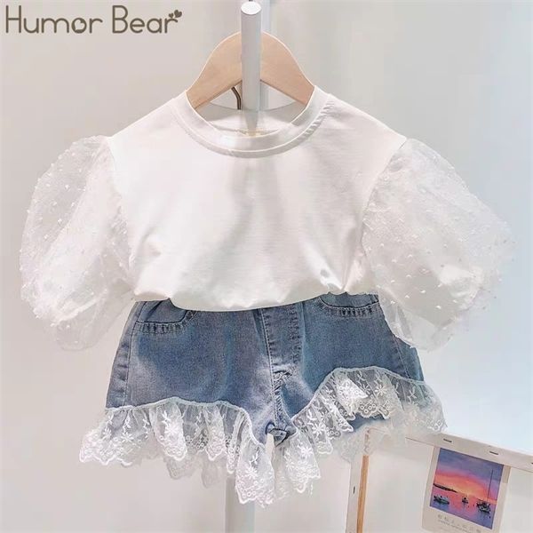 

humor bear summer baby girl clothing sets children clothes bubble sleeve +lace stitching denim shorts 2pcs toddler outfits 0926, White
