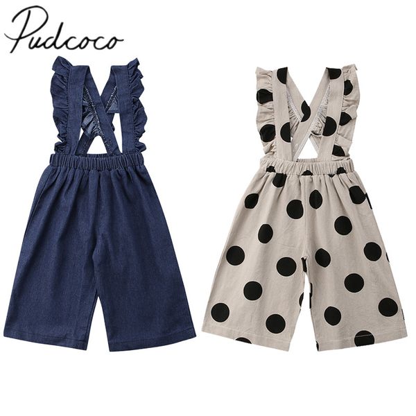 

2020 brand new fashion toddler kids baby girl denim overall bib pant ruffle polka dot wide leg jumpsuit one pieces clothes 6m-5t, Blue