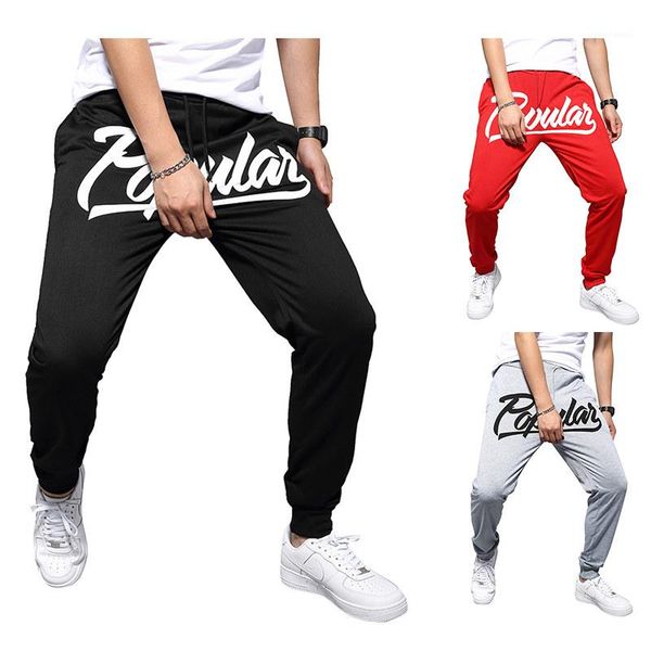

fashion apparel mens letter splicing print sweat pants solid color casual street style pencil pants male, Black