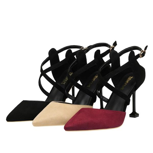 

sandals women suede stiletto heel ladies low-cut vamp pointy-toe pump fashion cross lace up super high luxury prom heels, Black