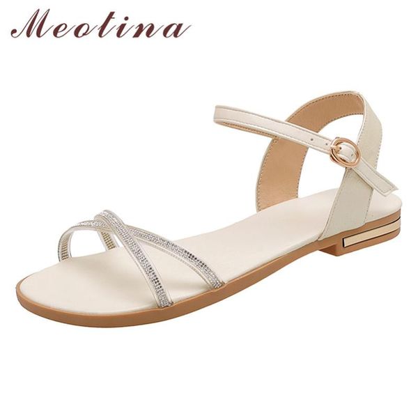 

meotina women sandals crystal flat shoes round toe buckle flat footwear ladies sweet sandals female summer white large size 46, Black