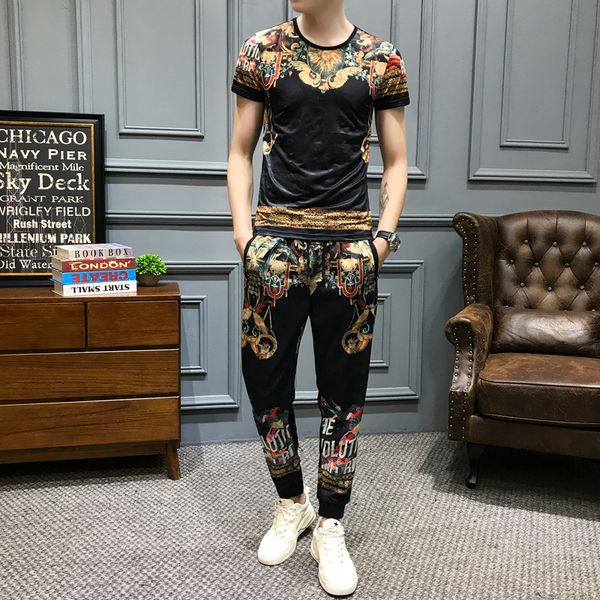 

brand vintage print tracksuit set men's sportswear summer 2pcs tshirts+sweatpants luxury men clothes social casual suits sets, Gray