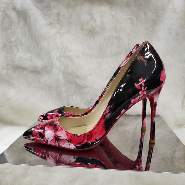 

knockout2020 genuine size 34-45 leather decent flower print inside elegant stiletto high heels women dress party pumps shoes, Black