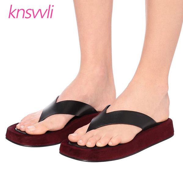 

flip flops women thick sole beach shoes leather platform shoes woman slides mixed color sandals women slippers zapatos de mujer, Black