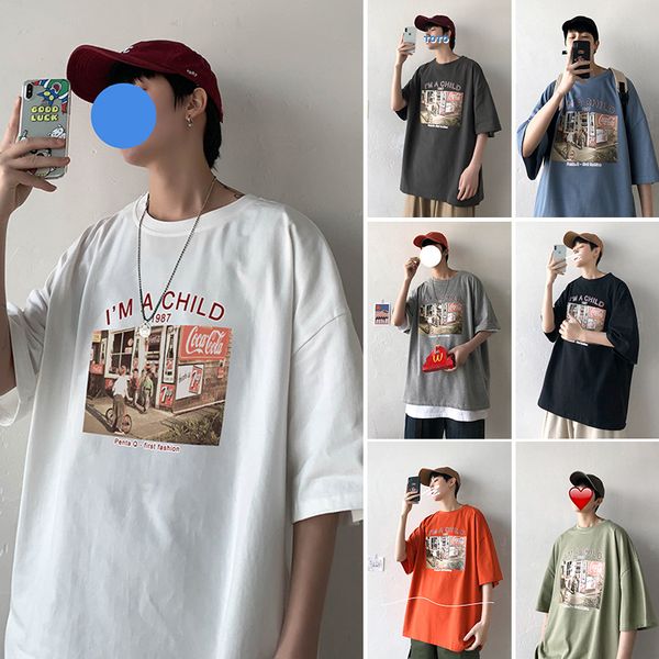 

мужчины с короткими рукавами футболки бренда ins hong kong ветер сыпучие лето круглый половина шеи рукав хлопка дикий средний рукав свободны, White;black