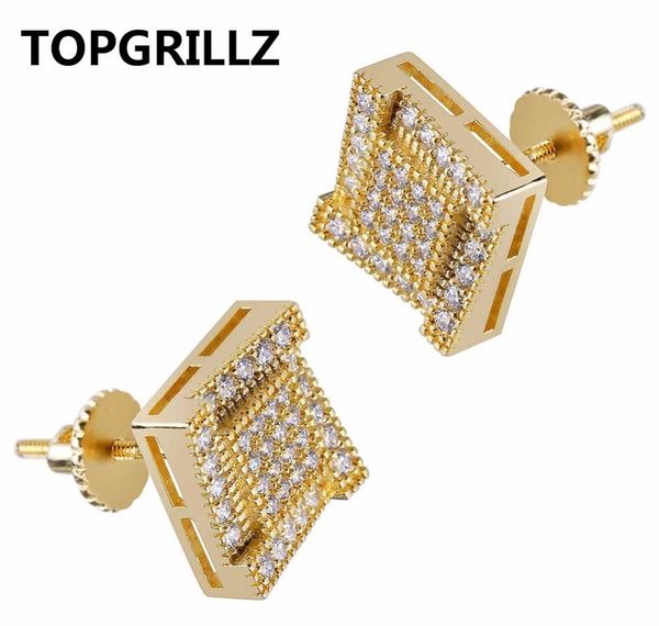 

rillz hip hop copper square stud earrings with screw back charm for women men gold color cubic zircon earring jewelry01, Golden;silver