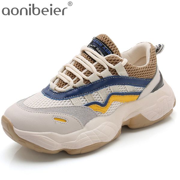 

aonibeier size 35-40 breathable mesh patchwork chunky sneakers women flat platform shoes girls lace up casual walking shoes, Black