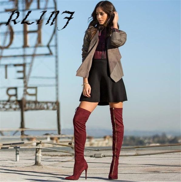 

boots rlinf pointed red elastic plus velvet high heel over knee, Black