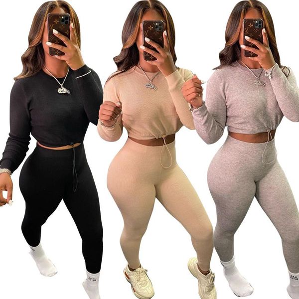 

cm.yaya sportwear knitted women's set long sleeve legging pants set tracksuit matching two piece outfit active sweatsuit, Gray