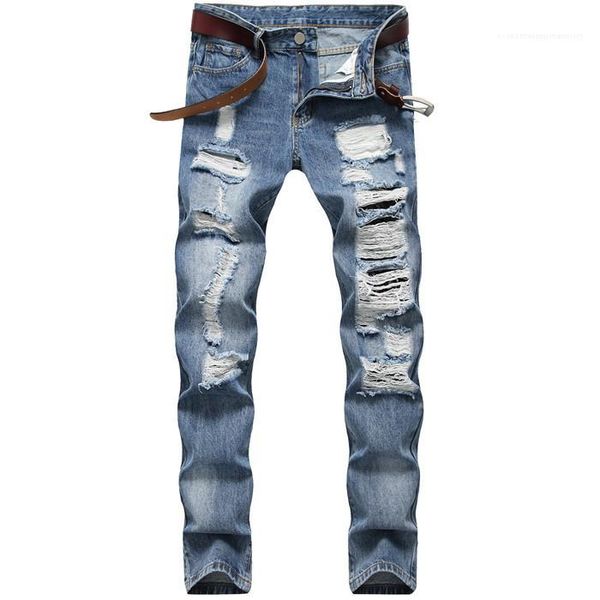 

light blue fit loose cotton jeans for male straight men jeans hole casual pants slim menstrousers