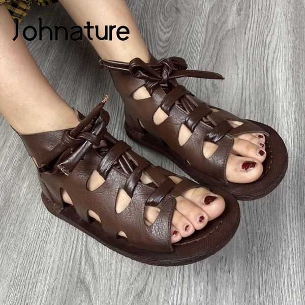 

johnature ретро сандалии 2020 новая летняя женская обувь из натуральной кожи casual шнуровка flat с застежкой-молнией специальные дамы санда, Black